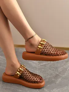 Summer Trendy Metal Stud Mesh Slippers Women, Thick Sole Height Increasing Half Slipper, Fashion Casual Outdoor Wear Shoes