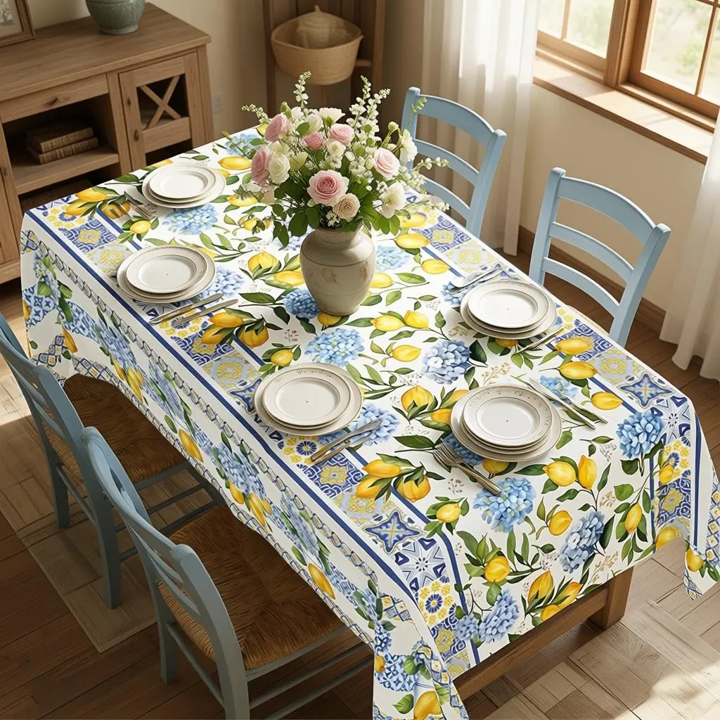 Washable Wrinkle-Resistant Polyester Summer Tablecloth - White & Blue Lemons&Flowers Print, Round/Rectangle/Oval Shapes - Festival-Inspired Holiday Table Covers, Clearance Sale for Parties, Outdoor Events