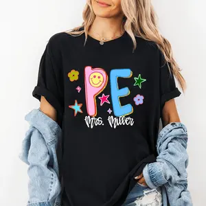 Women's Custom Short-Sleeve Solid Round Neck Breathable PE Teacher T-Shirt, Hand-Drawn Funny Design, Colorful Back-to-School Staff Appreciation Gift