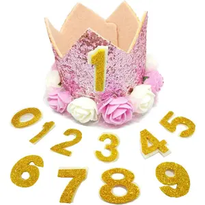 L-HDW024   Pink Crown Dog Birthday Party Hat for Girls Reusable Birthday Party Cat Kitten Headband with 0-9 Figures Charms Grooming Accessories with Glue Pack of 1
