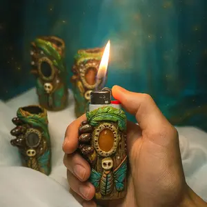 Handcrafted Mystical Lighter Cover "Forest Guardian" - Tribal Totem Design with Crystal & Earthy Skull Totem for BIC Style Lighters
