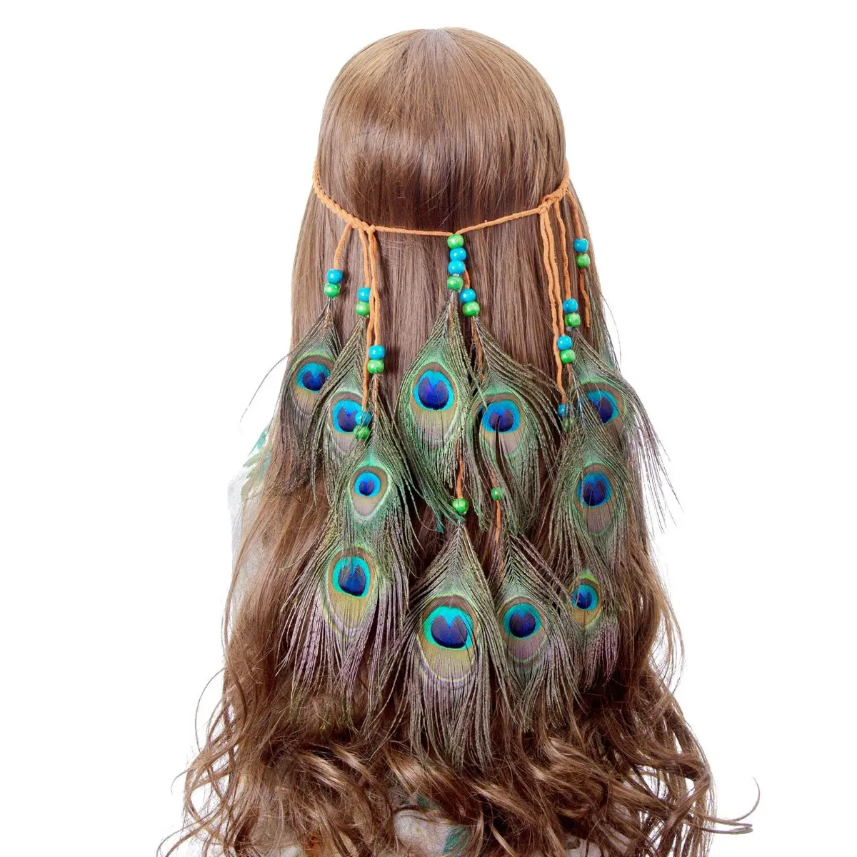 AWAYTR Women's Adjustable Boho Braids Wood Headband - Beaded Embellished Bohemian Braided Feather Headband, Peacock Feathers Charms, Faux Suede Cord, Wide Easy-Wear Colorful Accessory for 60/70s Events, Everyday Use (3 Colors), Beaded Embellished Headband