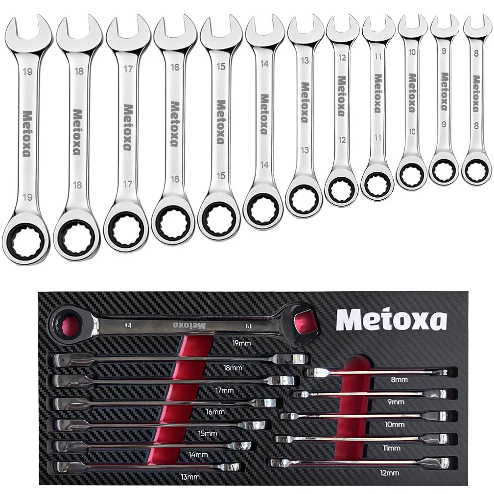 METOXA 12-Piece Metric Ratcheting Combination Wrench Set - 8-19mm 72-Tooth CR-V Steel Wrenches, EVA Foam Organizer Tray, Auto Repair Tools for Mechanics