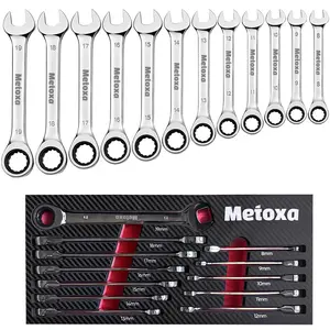 Metoxa 12pc Metric Ratchet Wrench Set (8-19mm), 72-Teeth Precision Combination Wrenches with EVA Storage Tray, Heavy-Duty CR-V Steel Mechanic Tool Kit