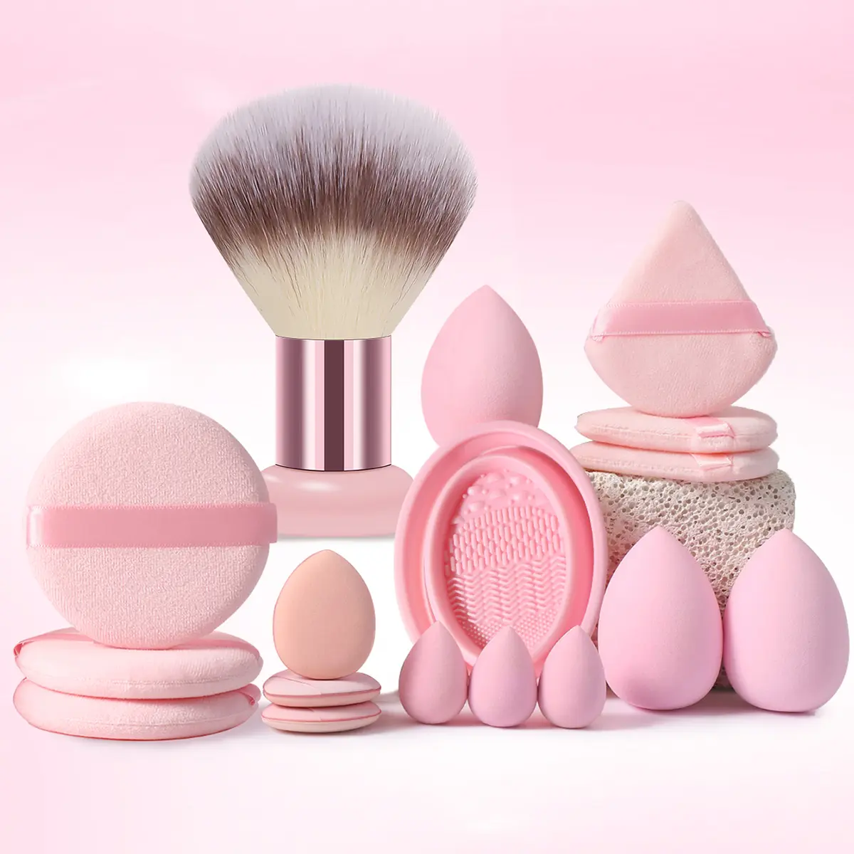 Professional Pink Makeup Tool Set, Multi-size Makeup Sponges, Soft Makeup Puffs, Big Loose Powder Brush, Brush Cleaner Bowl, Full Makeup Application Tools for Daily Makeup