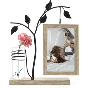 4x6 Picture Frames Family Desk Office Rustic Photo Frame, Water Plants Flowers Floating Double Glass Vase Tabletop Standing Home Decor, Wedding Grandma Mother Mom Gift (Light Brown)