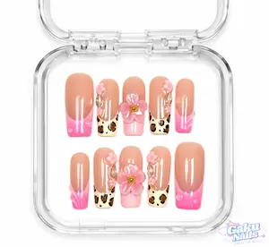 GakuNails WILD BLOSSOM 10 PCS Long Square Handmade Press On 3D Pink Gel Builder Gel Floral Elegant Quality Reusable Eco-Friendly Nails Cute