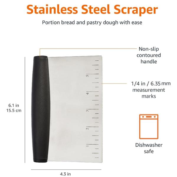 Multi-Purpose Bench Scraper – Stainless Steel Dough Cutter with Measurement Marks, Non-Slip Grip, Dishwasher Safe Baking Tool (6 Inch)