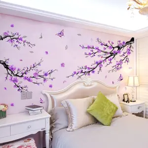4Pcs/Set (3090cm4pcs) Purple Flowers Ink Painting Branches & Butterflies Wall Stickers Decorative Self-Adhesive for Living Room Hallway Corridor Decoration
