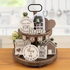 Wooden Home Sign Decoration without Tray, 12pcs/set Wooden Home Letter & House Design Ornament, Home Decor for Living Room, Kitchen, School