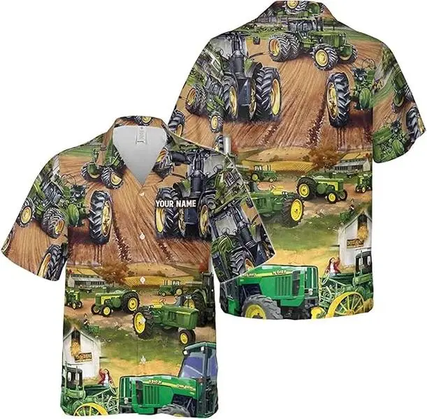 Custom Name Green Tractor Working Farm All Over Printed 3D Hawaiian Shirt