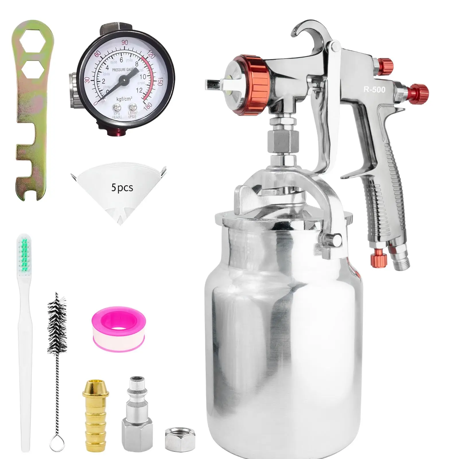 R500 LVLP Spray Gun Air Paint Sprayer Gun Siphon Feed 1000CC Cup, with 1.7mm Nozzle & Air Regulator, Automotive Paint Gun for Cars & House Painting, Furniture, Fence, DIY pistolade pintar mode budget