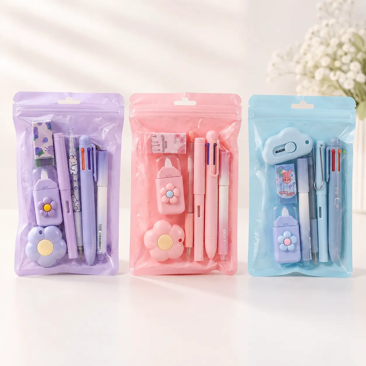 7 Pcs Cute Stationery Set Kawaii School Supplies Office Supplies Including Ballpoint Pens Pencil Sharpener Highlighter Correction Tape Ruler Utility Knife