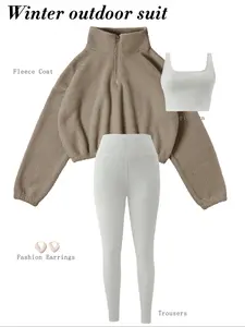 Women's Solid Thermal Lined Sports Tracksuit Co Ord Sets, Sporty Casual Comfy Breathable Three-piece Outfits for Gym Workout Running Clothes, Christmas Gift for Girls, Sweatsuit Set, Sports Wear Set