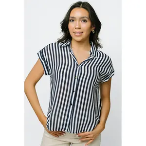 Oceanfront Button Up Shirt - Navy Blue and White Stripes