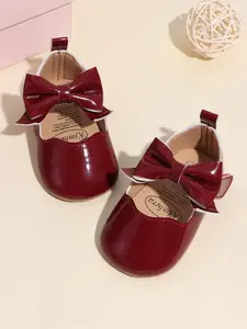 Girls' Solid Color Bow PU Velcro Design Flat Non-Slip Mary Jane Princess Shoes, Baby Walking Shoes for Spring & Fall, 0-1 Year Old Walking Shoes Babies