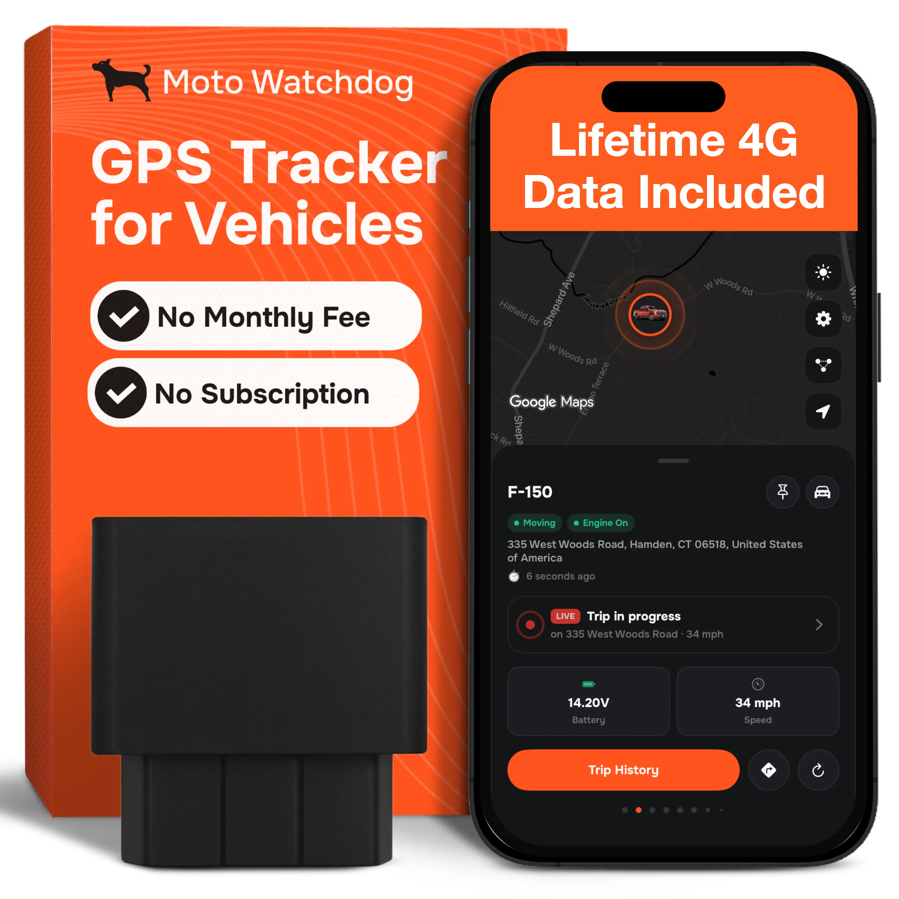 GPS Tracker for Vehicles - No Subscription, OBD Plug-In, 4G LTE | Moto Watchdog