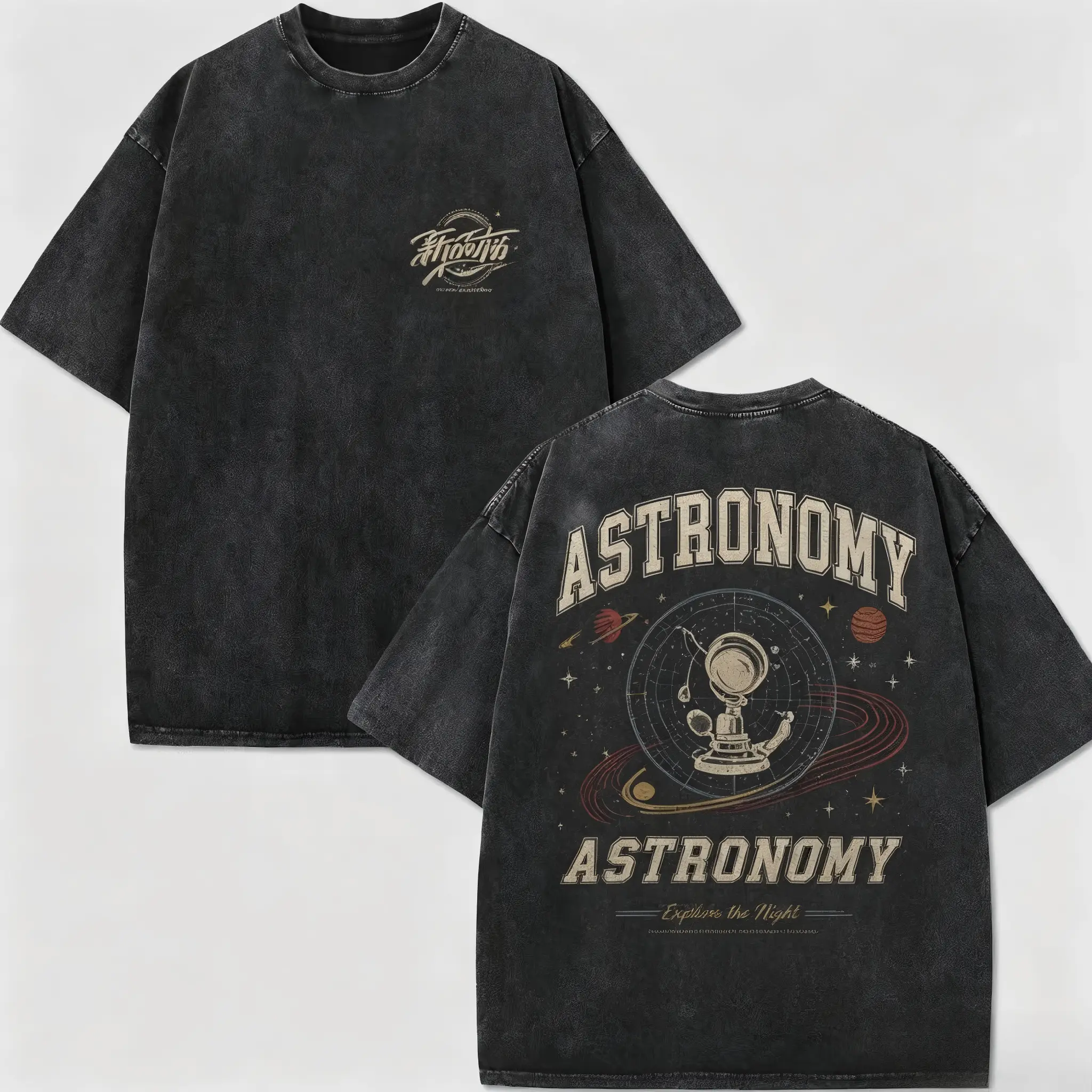 Men's Vintage Washed Black Distressed Round Neck Short-Sleeve Graphic T-Shirt - Gothic Script Small Front Logo, Antique Observatory Planet Map Back Figure Print, Oversized Dark Academia Grunge Streetwear Casual Menswear Tee, Tshirt, Shortsleeve, Graphic T