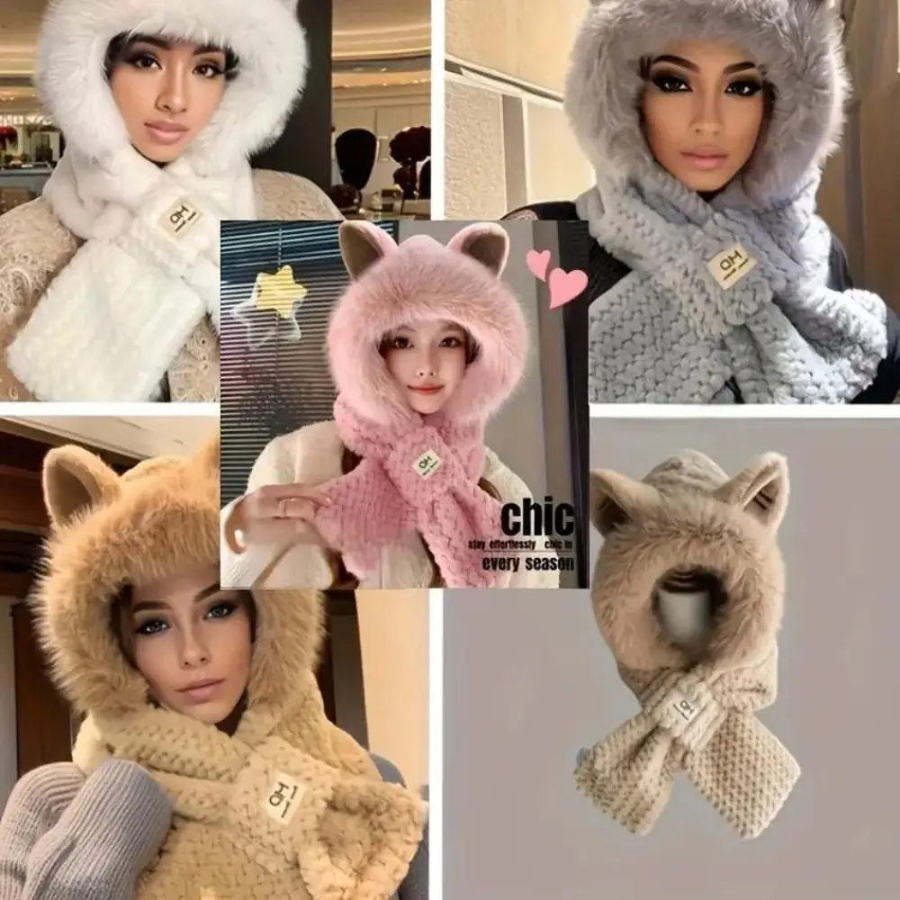Women's 2026 New Arrival Thick Plush Cotton Solid Color Chic Style Hooded Scarf with Cartoon Ears - Knitted Fashion Hat, Thickened Material Sports & Outdoor Accessory for Black Friday, Christmas