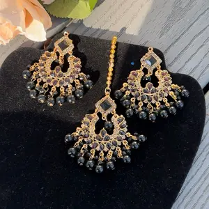 Black & Gold Pakistani Indian Earrings with Tikka Set | Traditional Desi Wedding Jewelry
