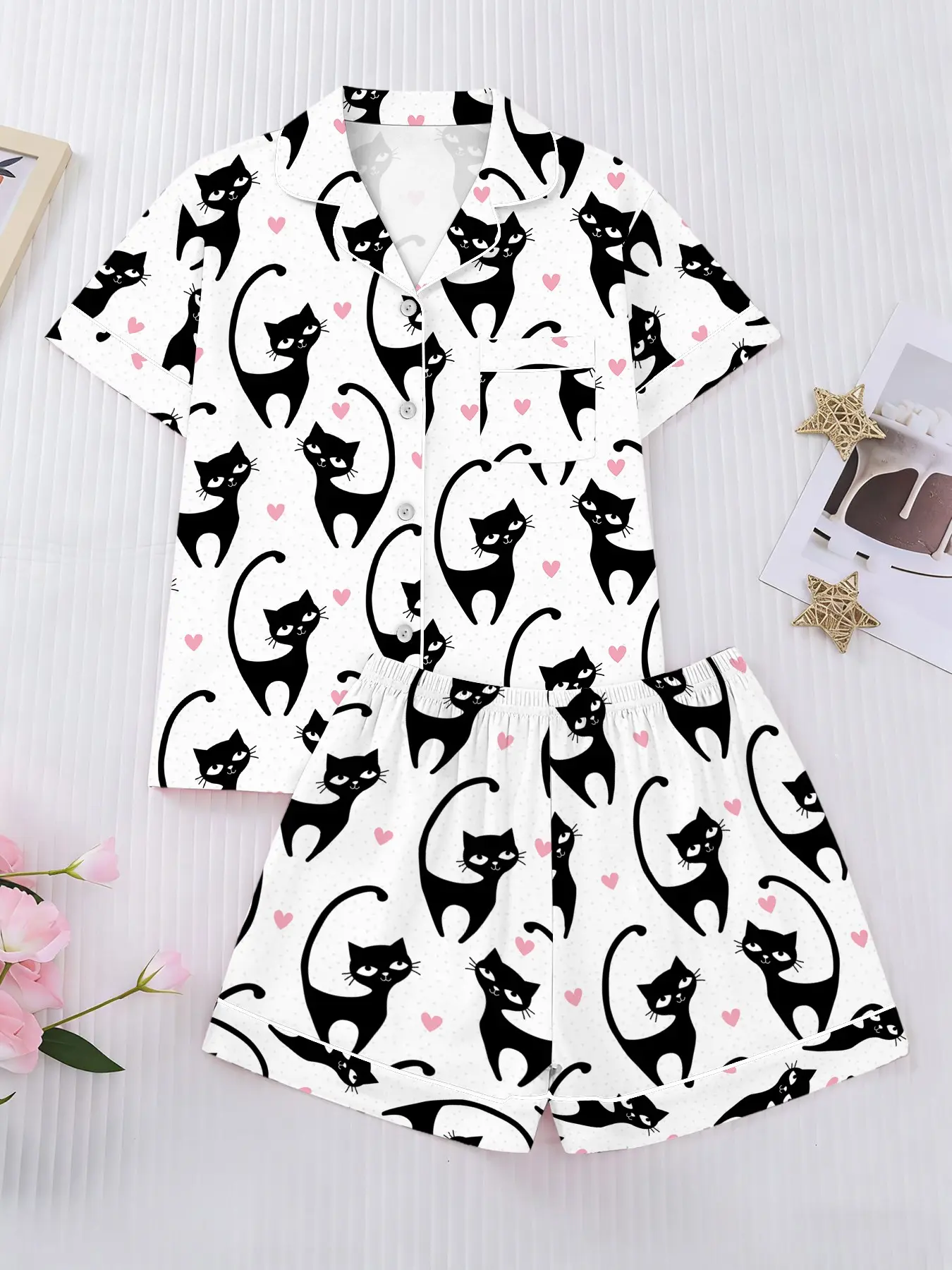 Women's Sweet Cat Short Sleeve Pajama Set, Casual Lapel Design, Elastic Waist Pants, Comfortable Night Sleepwear, Loungewear, Homewear, All Seasons Wear