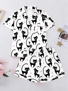 Women's Sweet Cat Short Sleeve Pajama Set, Casual Lapel Design, Elastic Waist Pants, Comfortable Night Sleepwear, Loungewear, Homewear, All Seasons Wear