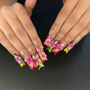 Alice WonderNails – Tropical Floral Press On Nails with 3D Flower & Ladybug Nail Art | Vibrant Handmade Tropical Nails | Cute Summer Fake Nails – AW423