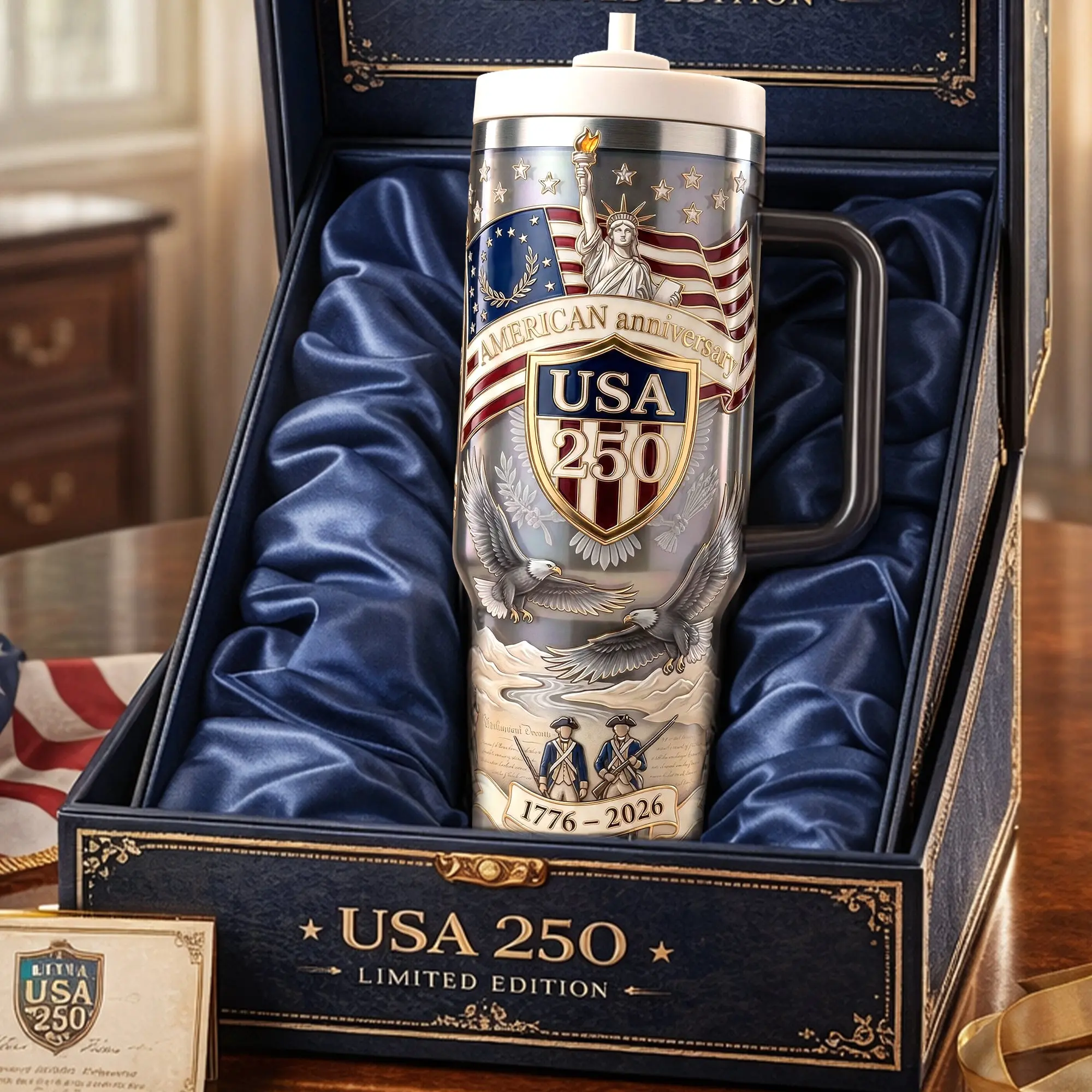 2D Printed 3D Effect Personalized USA 250th Anniversary Tumbler Patriotic Liberty Eagle Design Insulated Cup For American Citizens 1776-2026 Independence Day Celebration Gift Keepsake