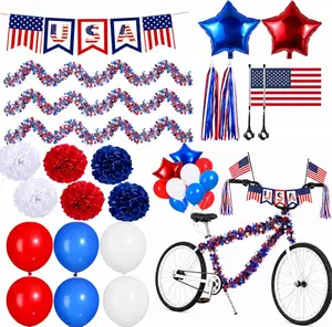 33-Pcs 4th Of July Kids' Bike Decorations - Patriotic American Independence Day Party Supplies, Pre-strung Banner, Streamers, Paper Pom Poms, Tinsel Garland, Balloons, Handheld Flags