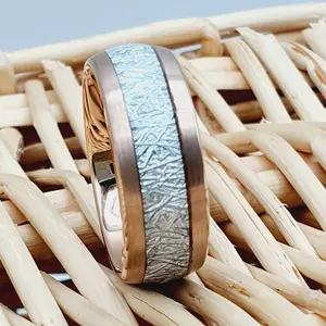 Tungsten Meteorite Ring with Rose Gold Men's Wedding Band - 8mm Meteorite Wedding Bands for Couples