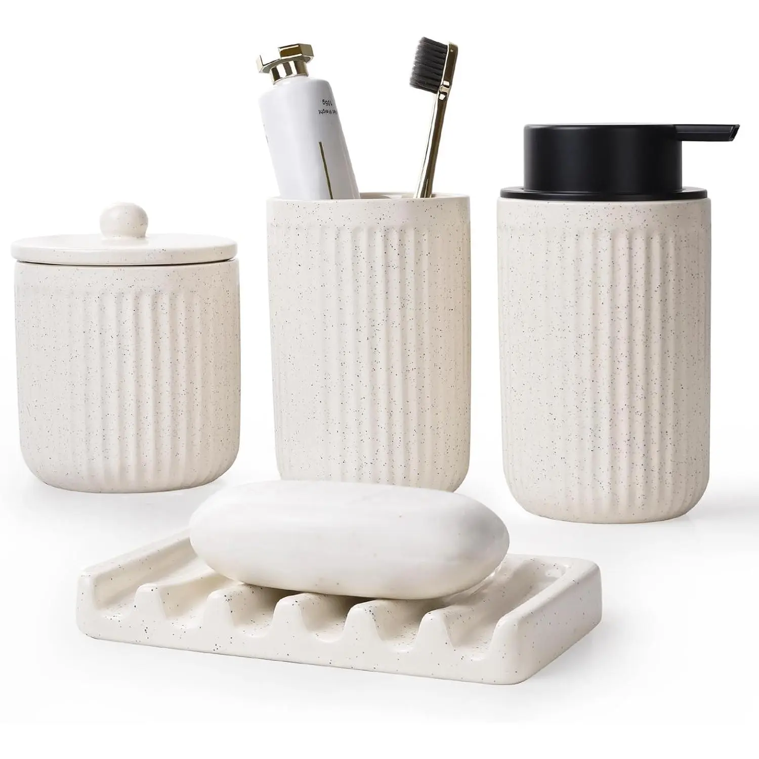 4-Piece Beige Modern Durable Ceramic Bathroom Accessory Set - Polished Finish, Subtle Pockmarks, Space-Saving Countertop Optimizer, Includes Soap Dispenser, Toothbrush Holder, Soap Dish, Apothecary Jar for Modern Home Decor & Gifting to Loved Ones