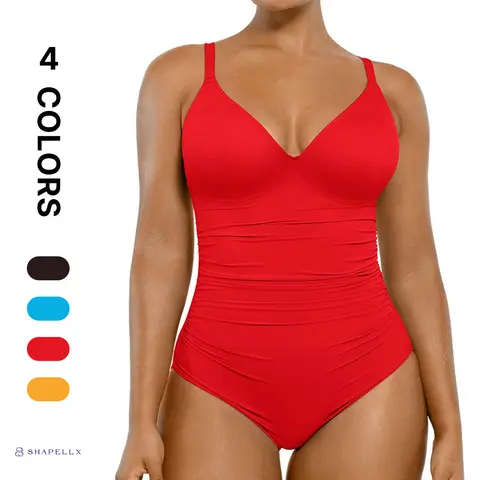 Shapellx Womens' V-neck One-piece Swimsuit  Back Drawstring Triangle-Cut Bottom Customizable Shoulder Band Removable Chest Pads Live
