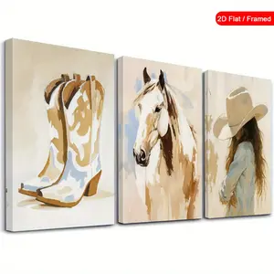 2D Flat Painting, 3-Piece Set of Western Cowgirl Framed Canvas Wall Art - Horse Portrait and Country Ranch Decor, Suitable for Living Room, Bedroom, Vintage Western Style Framed Print, Modern Farmhouse Aesthetic Poster, Can Be a Home Gift for Cowgirls or