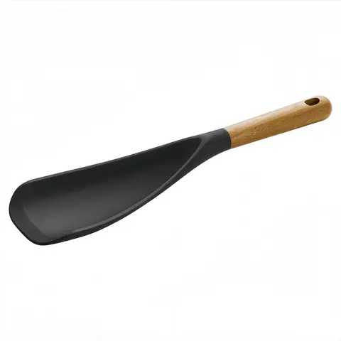 1 Pcs Food-Grade Silicone Kitchen Spoon with Ergo Wood Grip - 11.22 In Heat-Resistant BPA-Free Matte Utensil, 130g Sturdy Solid Tool, Less Hand Fatigue, Food Prep Utensil for Stirring, Scooping