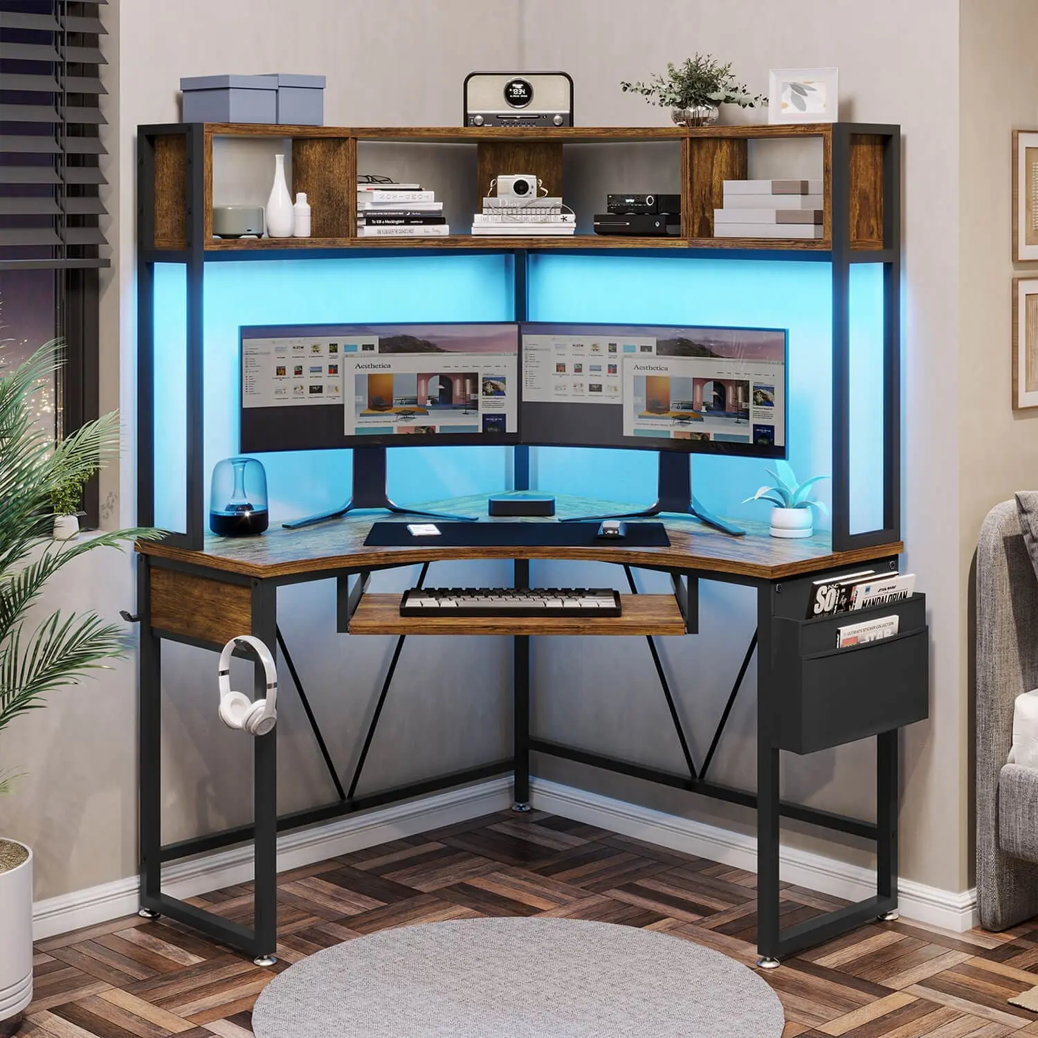 Triangle Corner Small Computer Desk with Keyboard Tray Brown