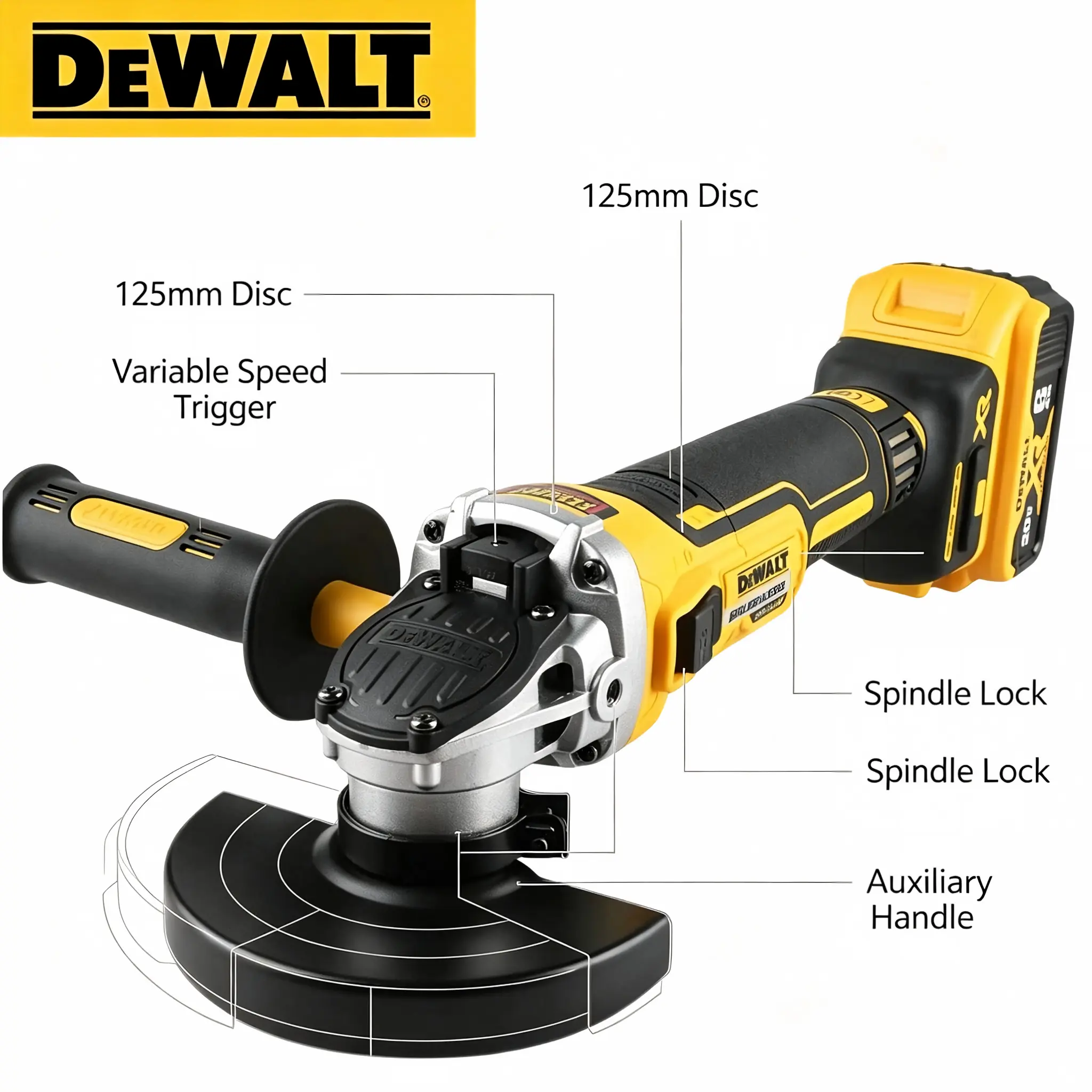 DeWALT DWE405NT 20V Brushless Angle Grinder, 125mm (5-Inch) Abrasive Tool with Auxiliary Side Handle, Adjustable Wheel Guard, Lock-On Switch for Metal Cutting, Polishing, Workshop Fabrication mechanic stripped shipping repair truck