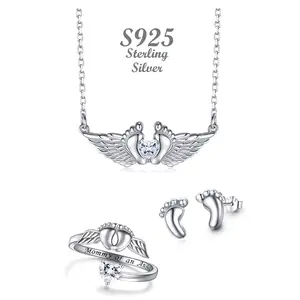 S925 Sterling Silver Angel Wings Jewelry Set - 3-Piece Necklace, Ring & Earrings Set, Warm Minimalist Designer Accessories, Unique Gift for Her