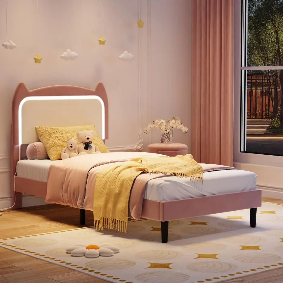 Gaomon Twin Velvet Upholstered LED Platform Bed Frame - Whimsical Cat Headboard for Whimsical Feel, Sturdy Wood Slats Support, RGB Lighting, Underbed Space, No Box Spring Needed, Pink Princess Bedroom Storage Bed