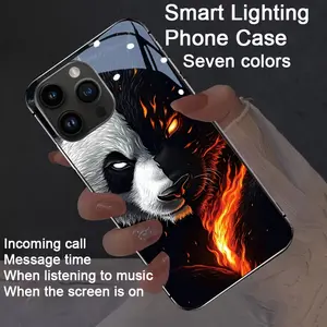 Black and white flame panda colorful smart voice control luminous phone case for iPhone 16-12. Smart voice control luminous technology, dazzling drop protection, luminous, colorful design, and shockproof protection.