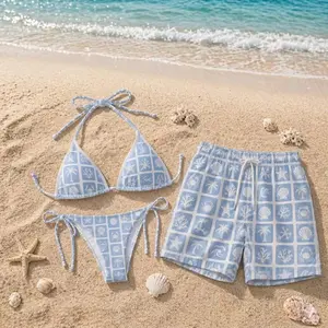 Blue Ocean Matching Couple Swimwear Set Palm Tree Seashell Bikini & Board Shorts Beachwear