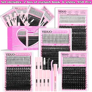 YIDUO 2 Box Clusters Lash Book Kit with 2X Bond and Seal 980Pcs Lashes Cluster Extensions 80D+100D+200D+300D with Spikes&Bottom Mix Styles Individual Eyelash Extensions Kit D Curvature Volume Soft False Eyelashes with Remover, Tweezers Box for Beginners