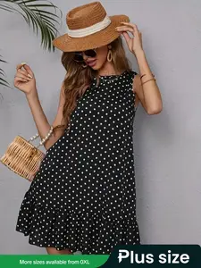 【Plus Size】 Random Polka Dot Print Tank Dress, Plus Casual Sleeveless A Line Dress for Summer, Women's Plus Clothes for Daily Wear