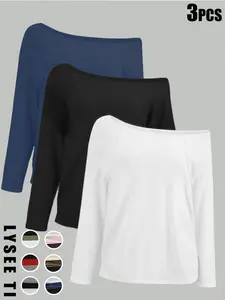 3pcs women's casual Basic Everyday Loose Fit simple pullover, women's black, white, gray, multi-color three piece set, long sleeved top, Womenswear