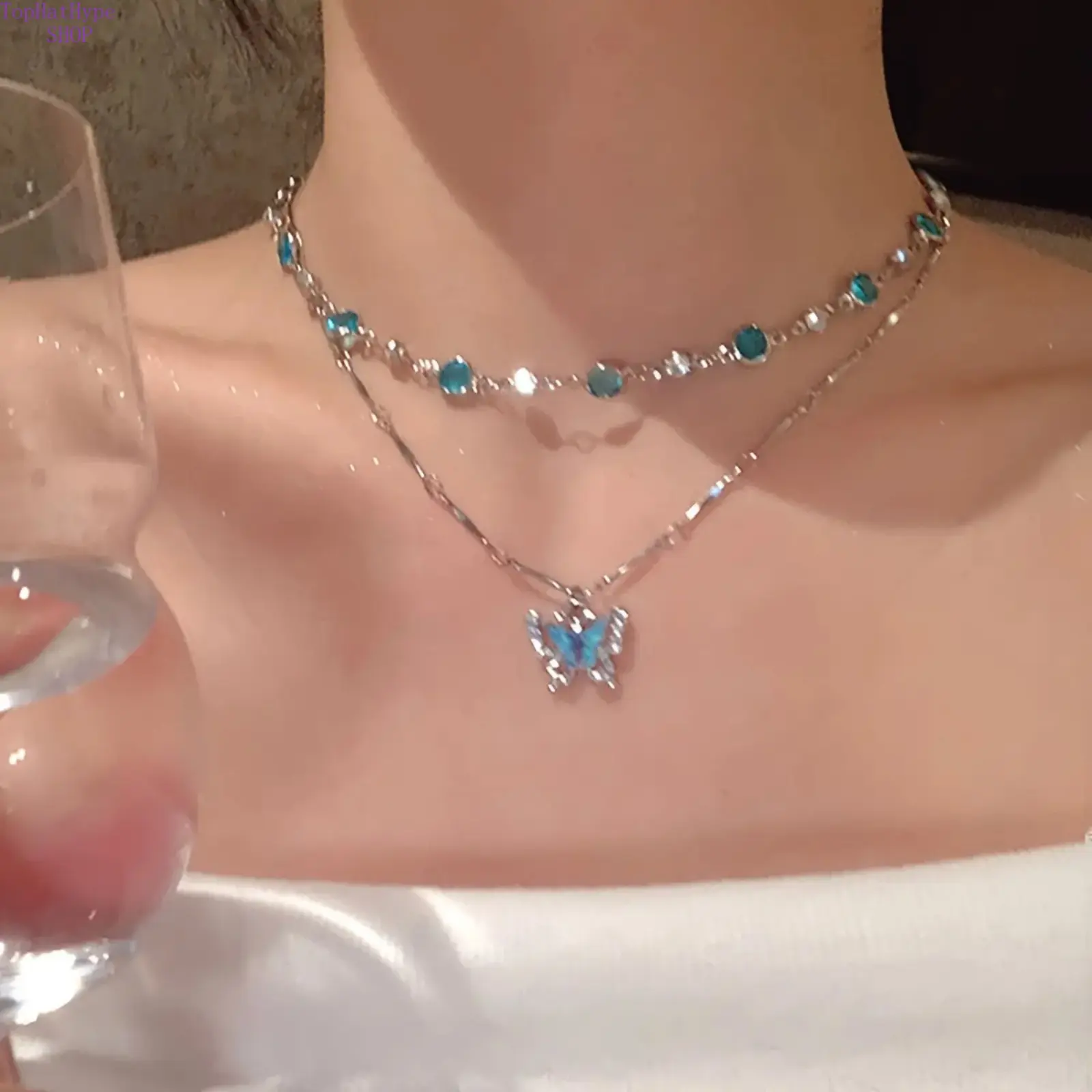 2Pcs Women’s Elegant Double‑Layer Butterfly Pendant Necklace, Luxury Exquisite Blue Rhinestone Alloy Jewelry, Ideal for Daily Wear, Dating Occasions, Holiday Celebrations & Valentine’s Day Gift‑Giving