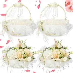 4 Pcs 9 Inch Wedding Flower Girl Baskets with Foldable Handle, Satin Lace Bowknot Baskets for Wedding Flower Girl (Ivory)