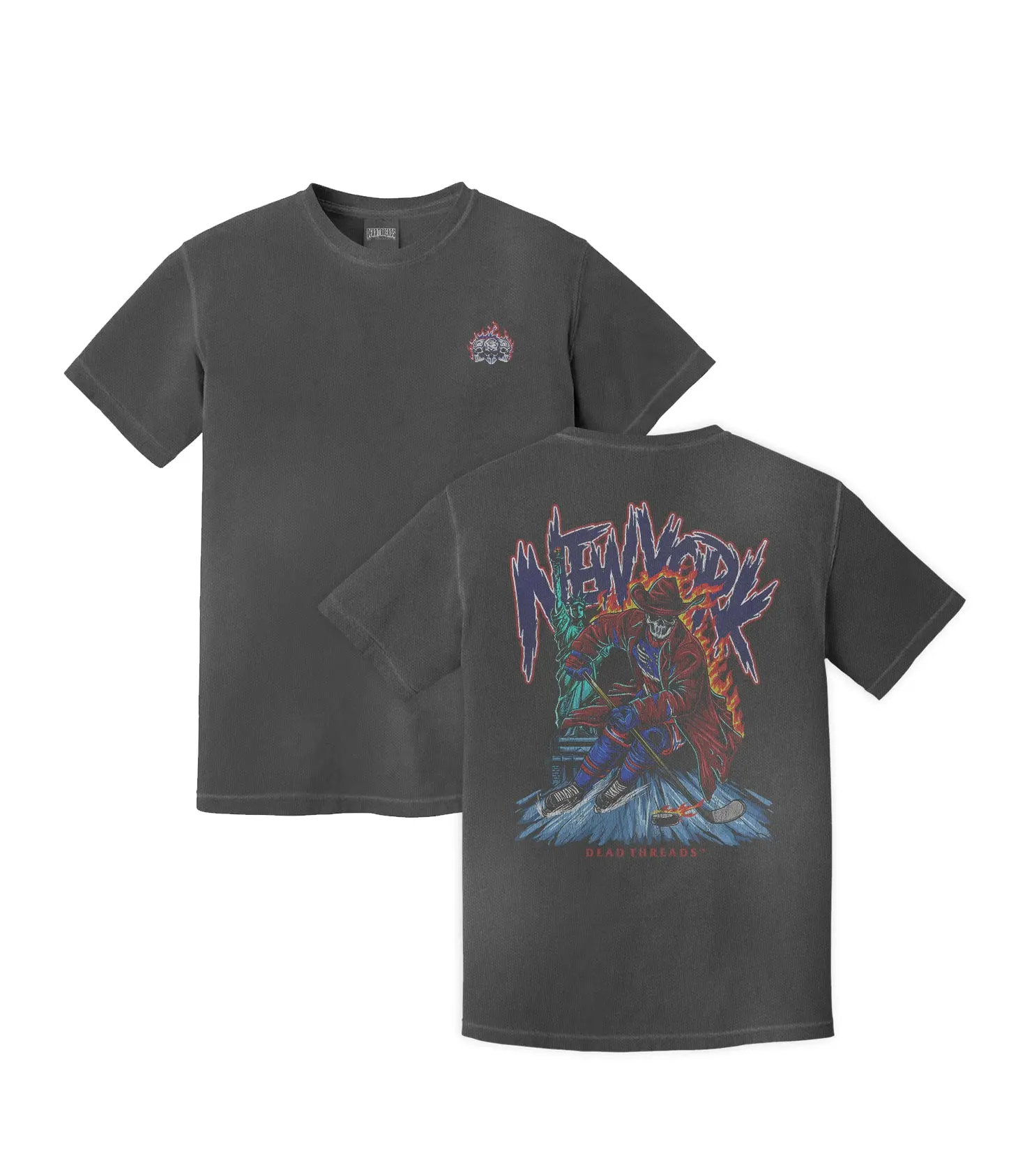 New York Hockey The Ranger 3 Skull Graphic Sport Tee, Double-Sided Print, Ice Warrior Edition