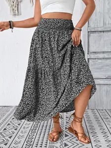 Plus Size Floral Midi Skirt - Smocked Waist, Side Pockets (Casual/Work)