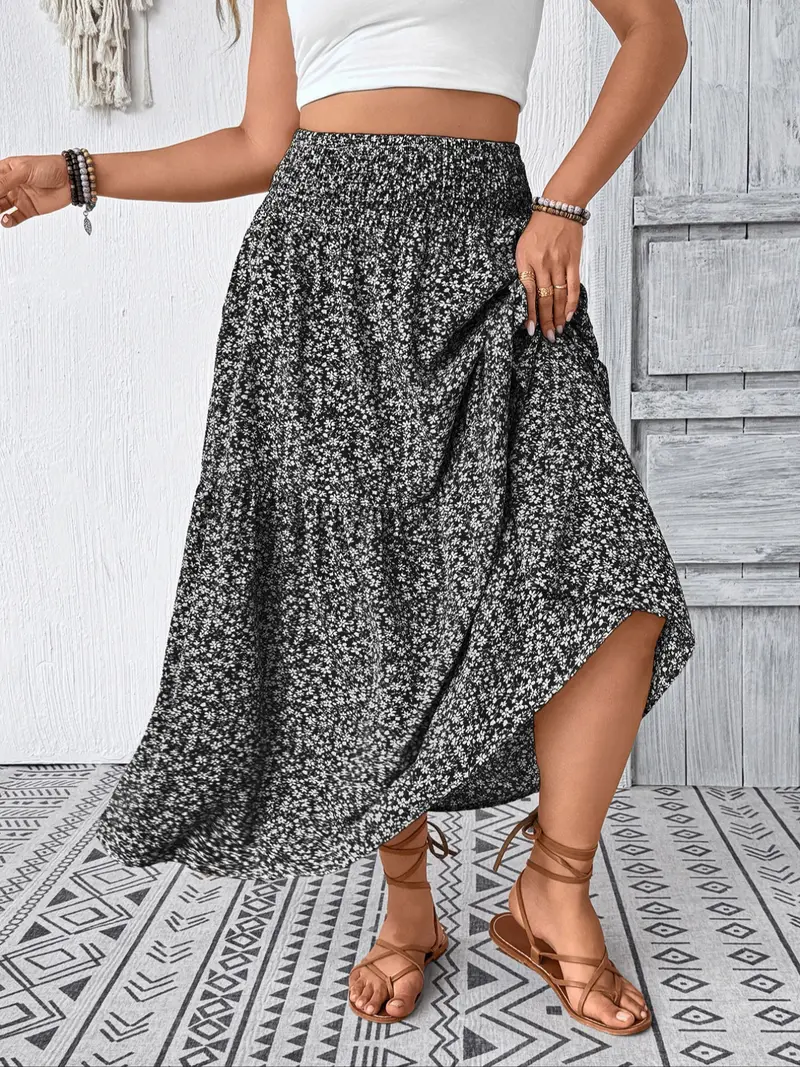 Plus Size Floral Midi Skirt - Smocked Waist, Side Pockets (Casual/Work)