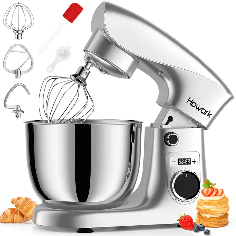 HOWORK Tilt-Head Stand Mixer (5QT/10-Speed) | 3-in-1 Baking Attachments for Home Bakers Steel Kitchen Appliances