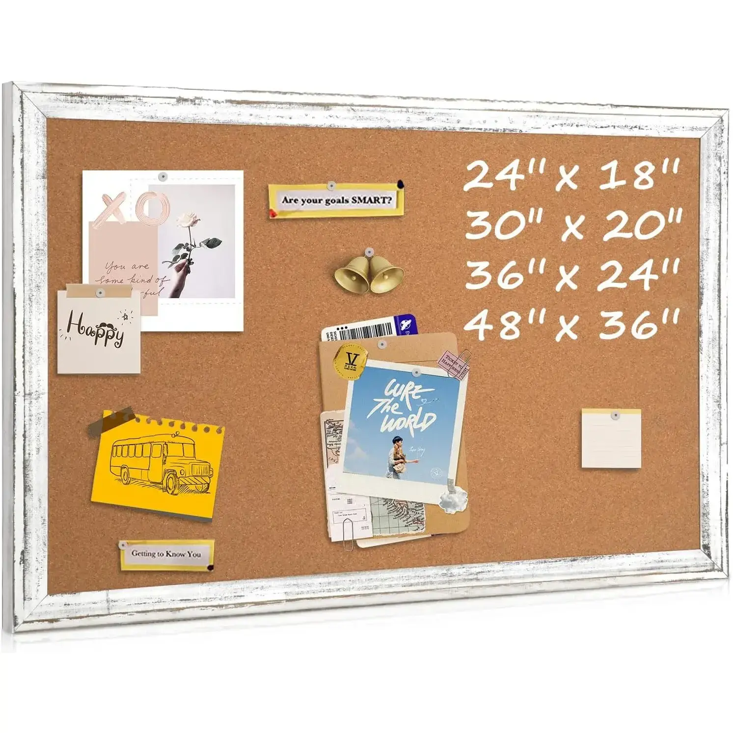 Cork Board Bulletin Board, 36" x 24" Corkboard for Wall, Rustic White Wooden Frame, Hanging Pin Board for Home & Office Decor, 10 Push Pins
